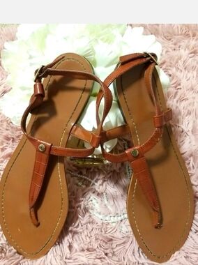 Lauren Ralph Lauren Tan / Brown T-Strap Flat Sandals
